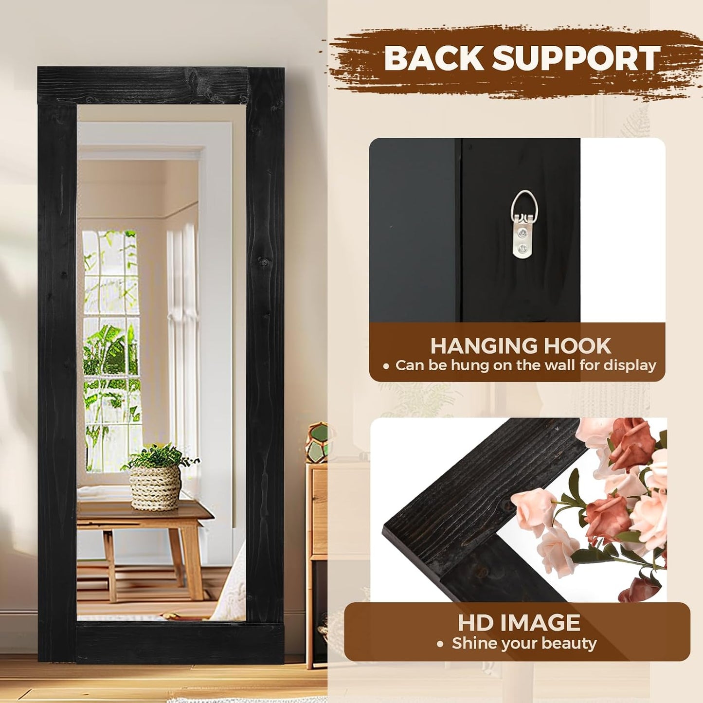 Solid Wood Full Length Mirror - 65"x22" Arched Floor Mirror, Free Standing & Wall Mounted - Elegant Design for Bedroom, Dressing Room, Hallway, Brown