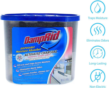 DampRid Fragrance Free Disposable Moisture Absorber with Activated Charcoal, 18 oz., 3 Pack, Moisture Absorber & Odor Remover, Lasts Up To 60 Days, No Electricity Required