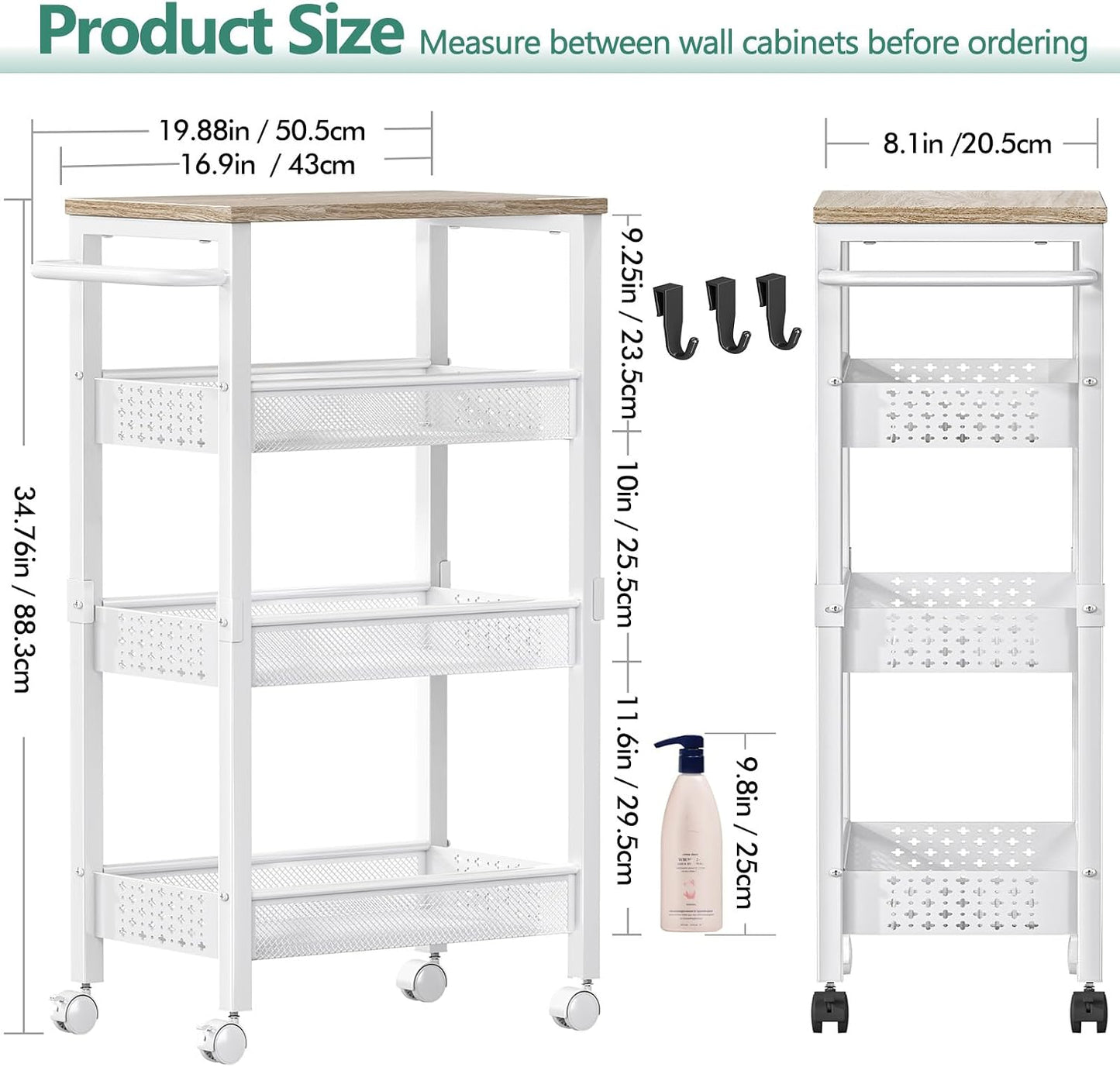 Vivihomety Utility Slim Storage Cart with Wheels, 4 Tier Small Rolling Cart with Wood Top, Metal Kitchen Bathroom Laundry Room Organization Trolley with Handle for Narrow Space – Black
