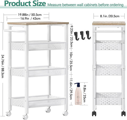 Vivihomety Utility Slim Storage Cart with Wheels, 4 Tier Small Rolling Cart with Wood Top, Metal Kitchen Bathroom Laundry Room Organization Trolley with Handle for Narrow Space – Black