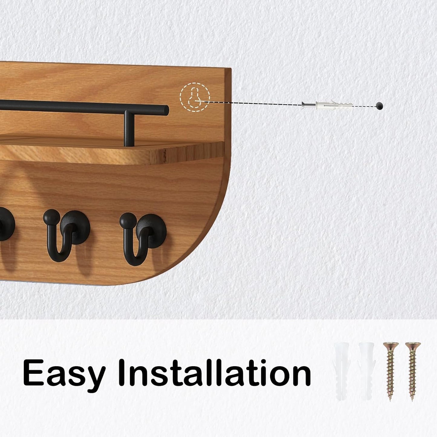 Key Holder for Wall, Decorative Key and Mail Organizer with 6 Sturdy Metal Hooks and Floating Shelf, 14 Inches Wood Wall Mounted Key Rack for Entryway, White and Gold