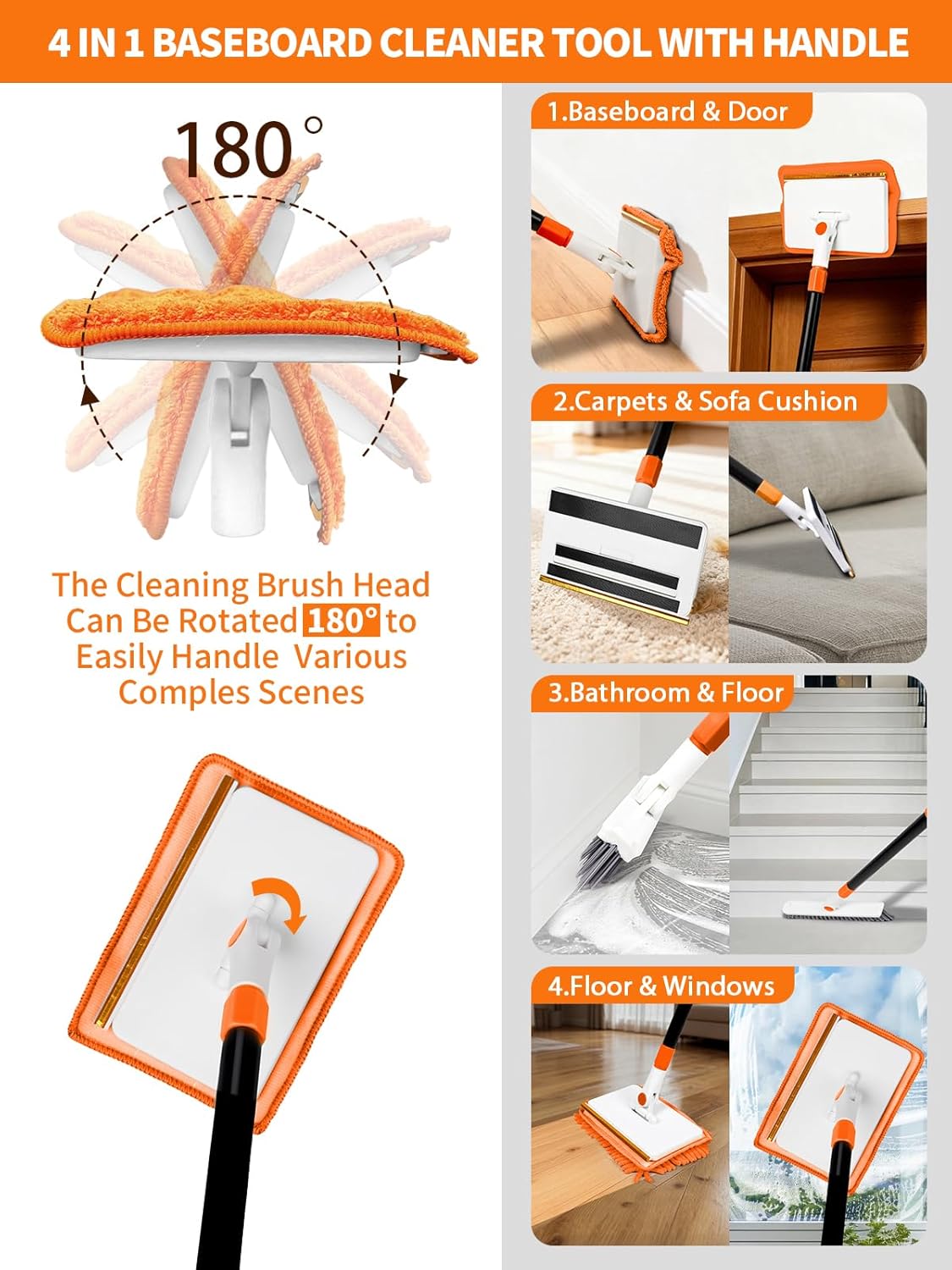 4-in-1 Baseboard Cleaning Tool with Extendable Handle 5 Reusable Pads 1 Carpet Rake Stiff Bristle Brush Multi-Surface Baseboard Brush for Cleaning Baseboard Wall Carpet Floor Bathroom Kitchen Pet Hair