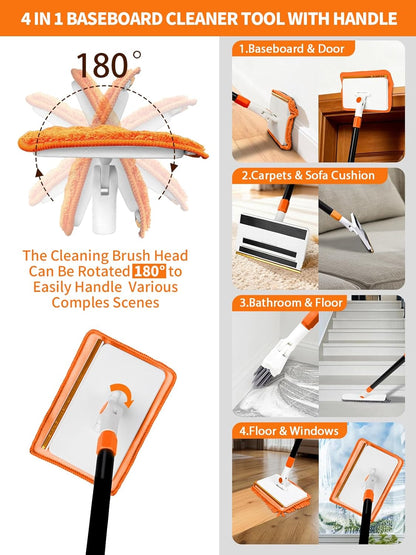 4-in-1 Baseboard Cleaning Tool with Extendable Handle 5 Reusable Pads 1 Carpet Rake Stiff Bristle Brush Multi-Surface Baseboard Brush for Cleaning Baseboard Wall Carpet Floor Bathroom Kitchen Pet Hair