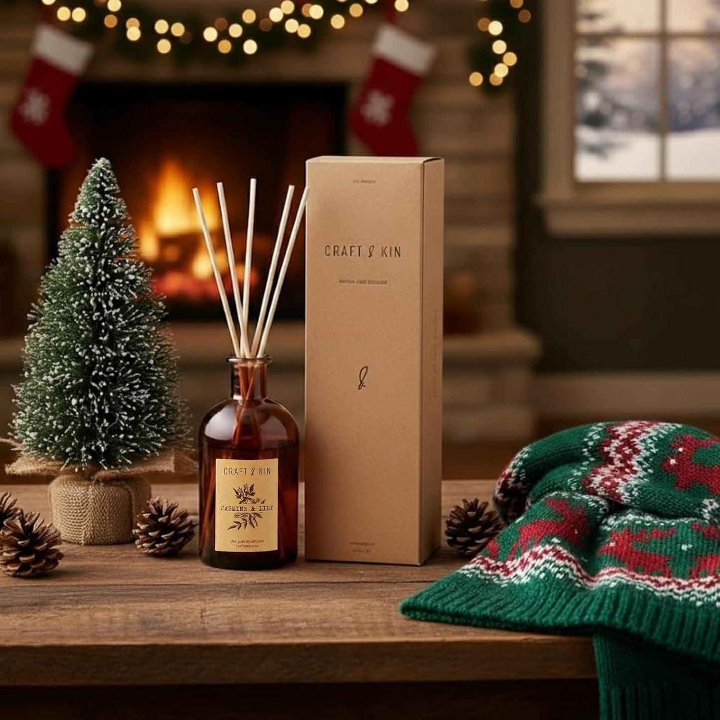 Craft & Kin Lily & Jasmine Diffuser Reed Diffuser | All Natural Essential Oil & 8 Rattan Scent Sticks | Reed Diffusers for Home, Bathroom | Long Lasting Home Fragrance in Amber Glass, 5.75oz