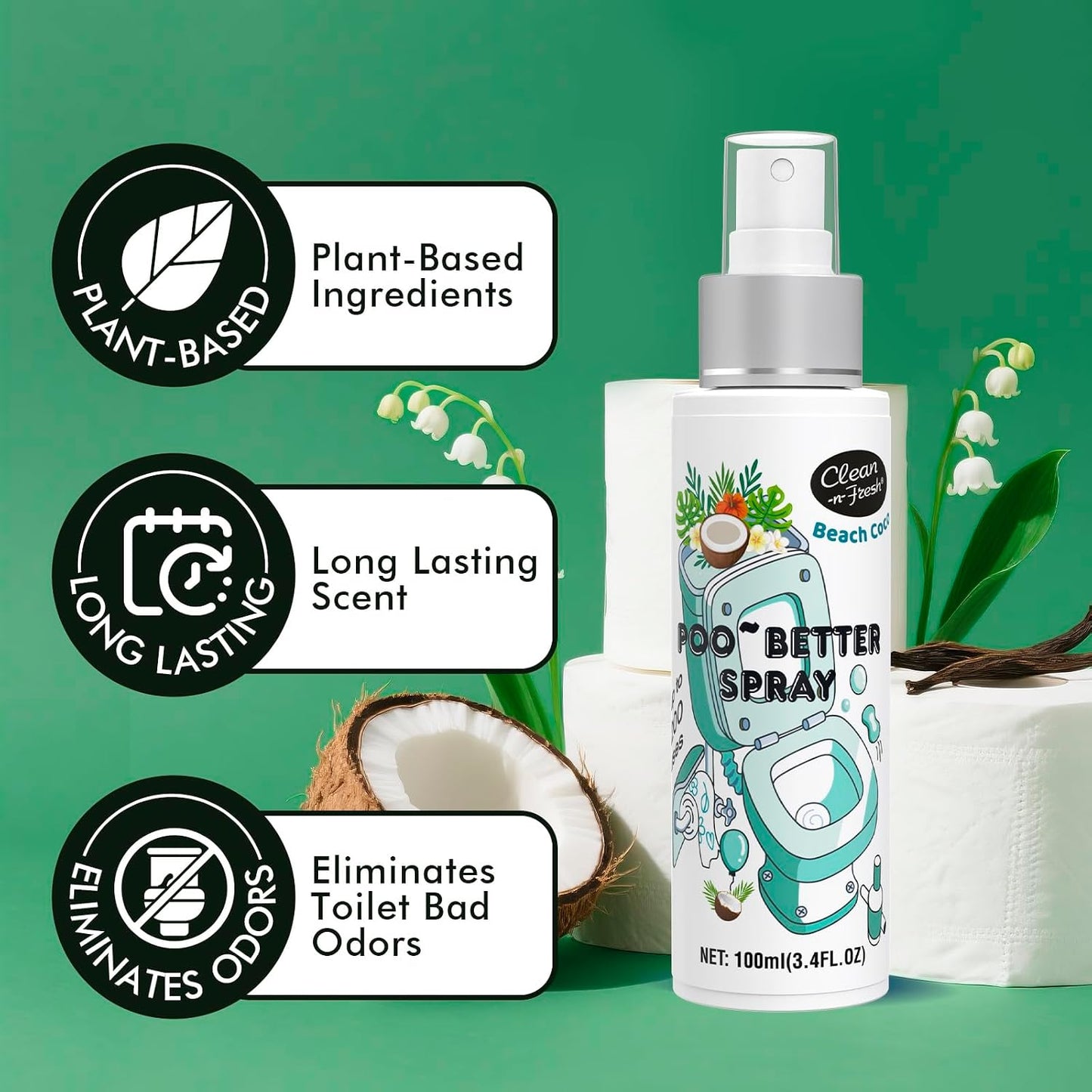 Clean-n-Fresh Toilet Spray, 6.8 Fl.oz Poo Spray | Up to 400+ Uses, 100% Natural Plant Essential Oil Citrus Scent, Bathroom Deodorizer
