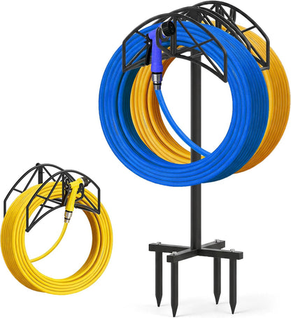 Garden Hose Holder Heavy Duty Water Hose Holder Holds 160 FT * 2 Hoses 4 Spikes Hose Reel Freestanding Hose Hanger Sturdy Hose Storage Stand with 90°Rotatable Hook for Outside Yard Lawn