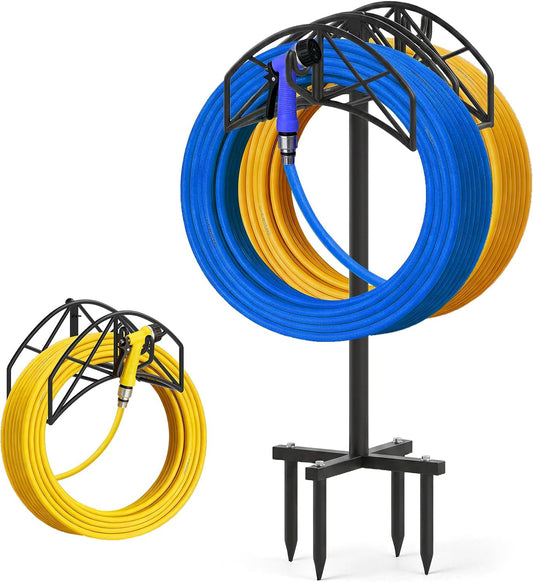 Garden Hose Holder Heavy Duty Water Hose Holder Holds 160 FT * 2 Hoses 4 Spikes Hose Reel Freestanding Hose Hanger Sturdy Hose Storage Stand with 90°Rotatable Hook for Outside Yard Lawn