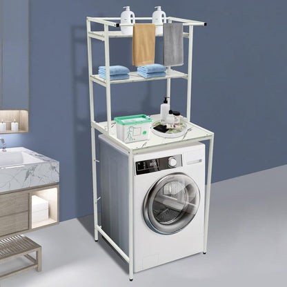 Over Washer Dryer Standing Rack Stand with Adjustable Rubber Feet, Hanging Towels Organizer Laundry Products Storage Shelf for Bathroom Laundry Room Space Saver (Black+Oak)