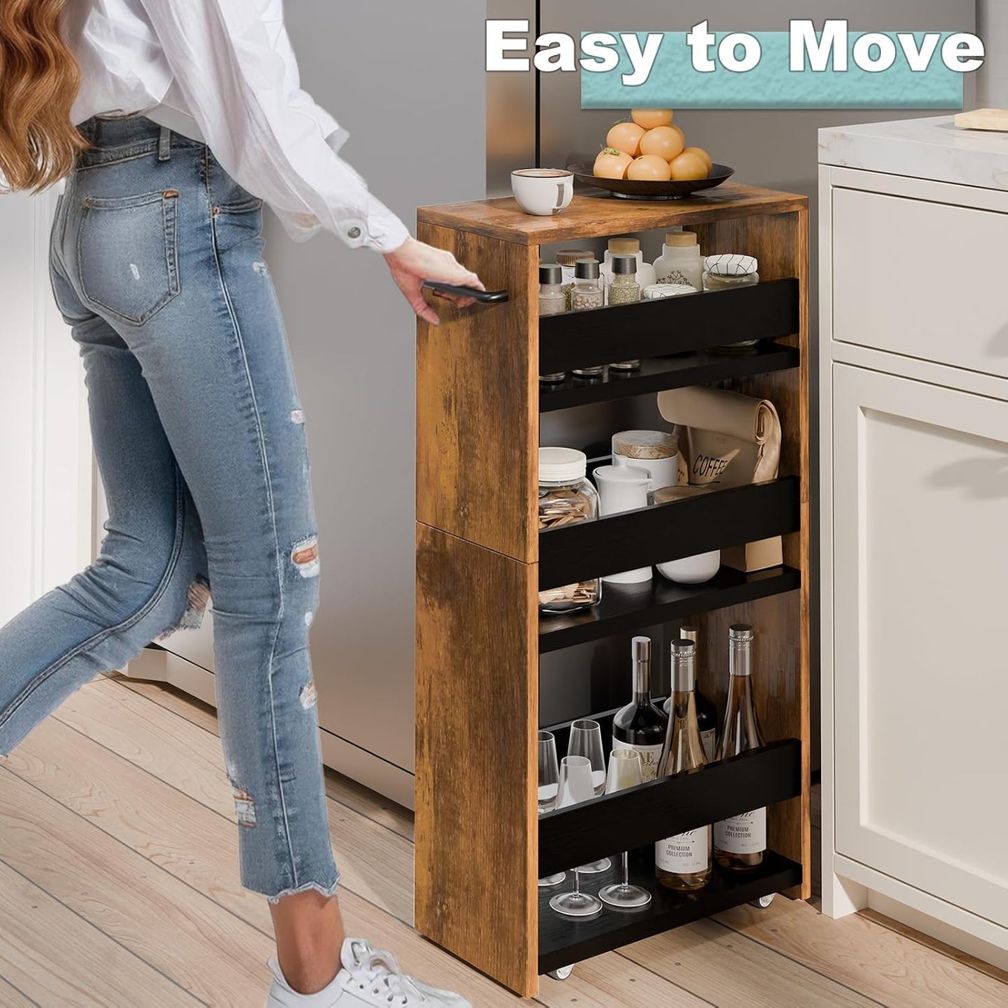 MARTY Slim Rolling Storage Cart 4-Tier Kitchen Cart with Wheels, Laundry Room Storage with Handle Slide Out Utility Cart Shelving Unit Organizer Trolley for Narrow Places Bathroom Small Corner, Black
