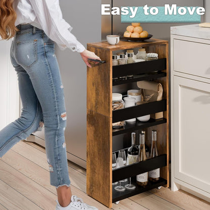 MARTY Slim Rolling Storage Cart 4-Tier Kitchen Cart with Wheels, Laundry Room Storage with Handle Slide Out Utility Cart Shelving Unit Organizer Trolley for Narrow Places Bathroom Small Corner, Black