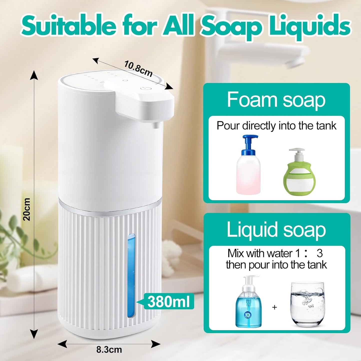 Automatic Soap Dispenser, Foaming Soap Dispenser Touchless with Continuous Dispensing, 4-Level Adjustable, Rechargeable Hand Soap Dispensers, Wall Mounted or Countertop for Bathroom & Kitchen