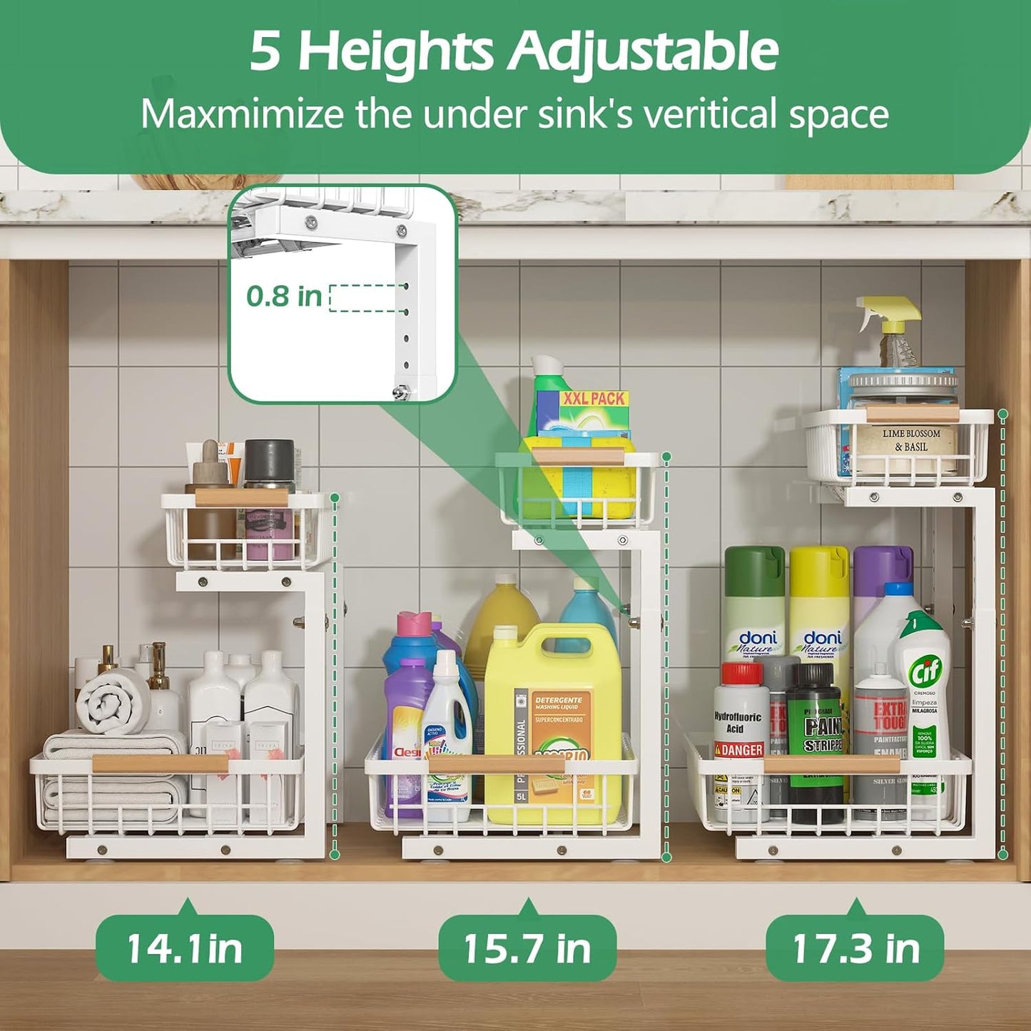 ADRIMER Under Sink Organizer 2 Packs, Pull Out Kitchen Sink Organizer, 2 Tier Slide Out Kitchen Organizers and Storage Bathroom Under Cabinet Storage Shelf, Transparent & White