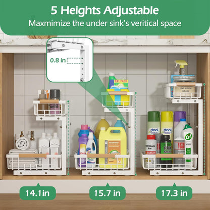 ADRIMER Under Sink Organizer 2 Packs, Pull Out Kitchen Sink Organizer, 2 Tier Slide Out Kitchen Organizers and Storage Bathroom Under Cabinet Storage Shelf, Transparent & White