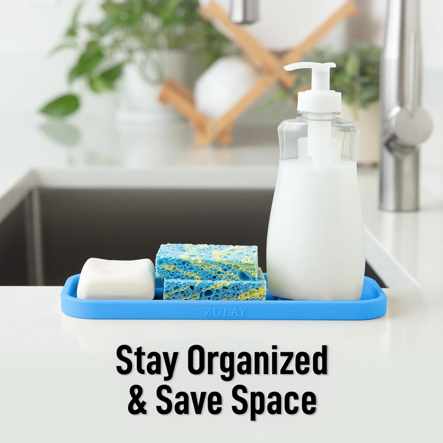 Zulay Kitchen (9x3.5in) Sponge Holder for Kitchen Sink - Flexible Heavy-Duty Multipurpose Sink Caddy - Counter Organizer for Kitchen, Bathroom, Makeup, Trinkets & More! (Grey)