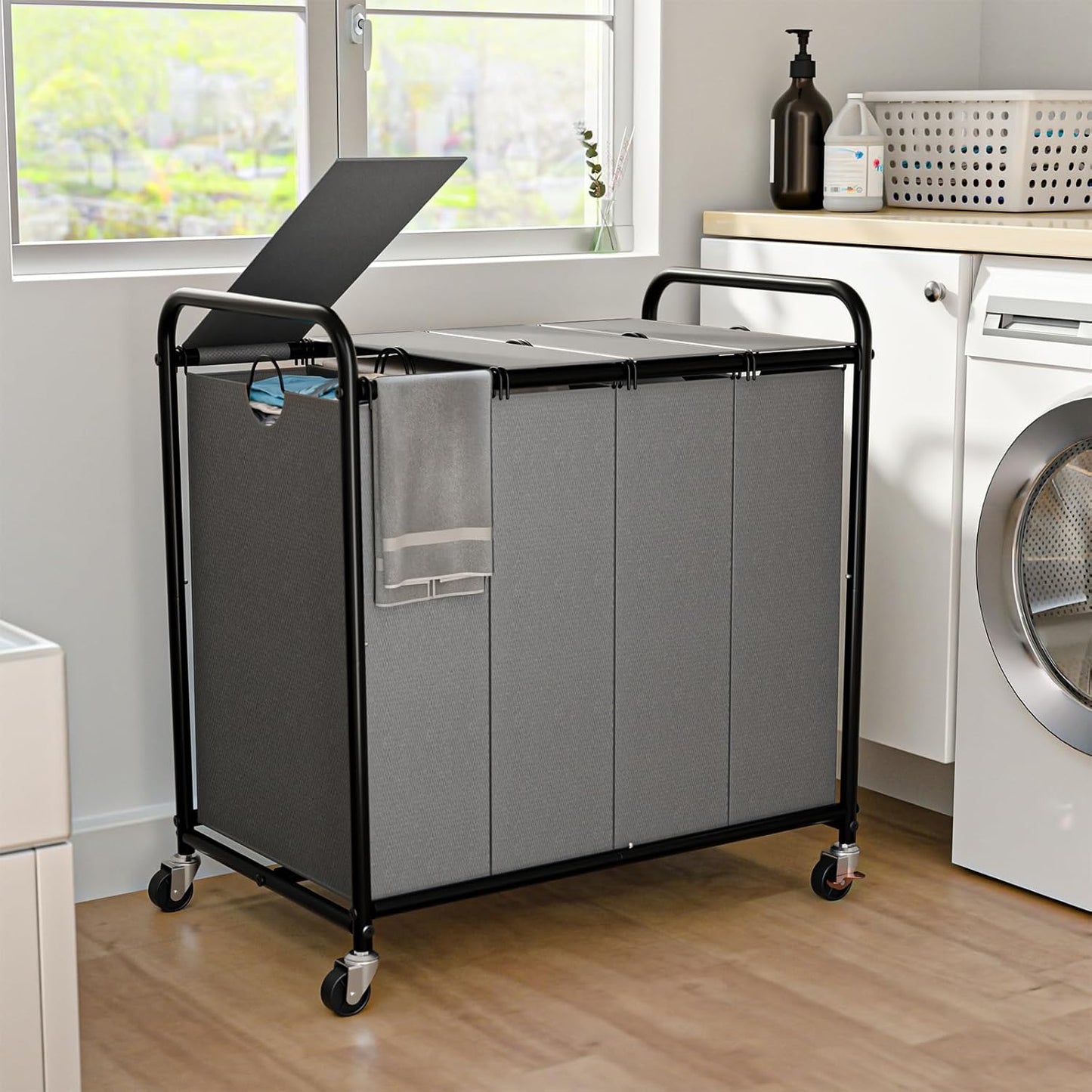 180L (47.55 Gal) Laundry Sorter 3 Section, Rolling Laundry Basket with Lockable Wheels and Lid, Laundry Hamper with 3 Separated Removable Bags Dirty Clothes Hamper for Laundry Room Organizer, Black