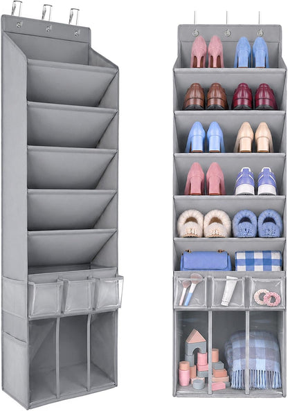 3in1 Over The Door Shoe Organizer with 5 Slanted Compartments,Removable Storage Bin & Transparent Pockets,Thickened Waterproof Oxford Fabric Shoes Rack for Shoes,Boots,Toys,Daily Essentials. (Beige)