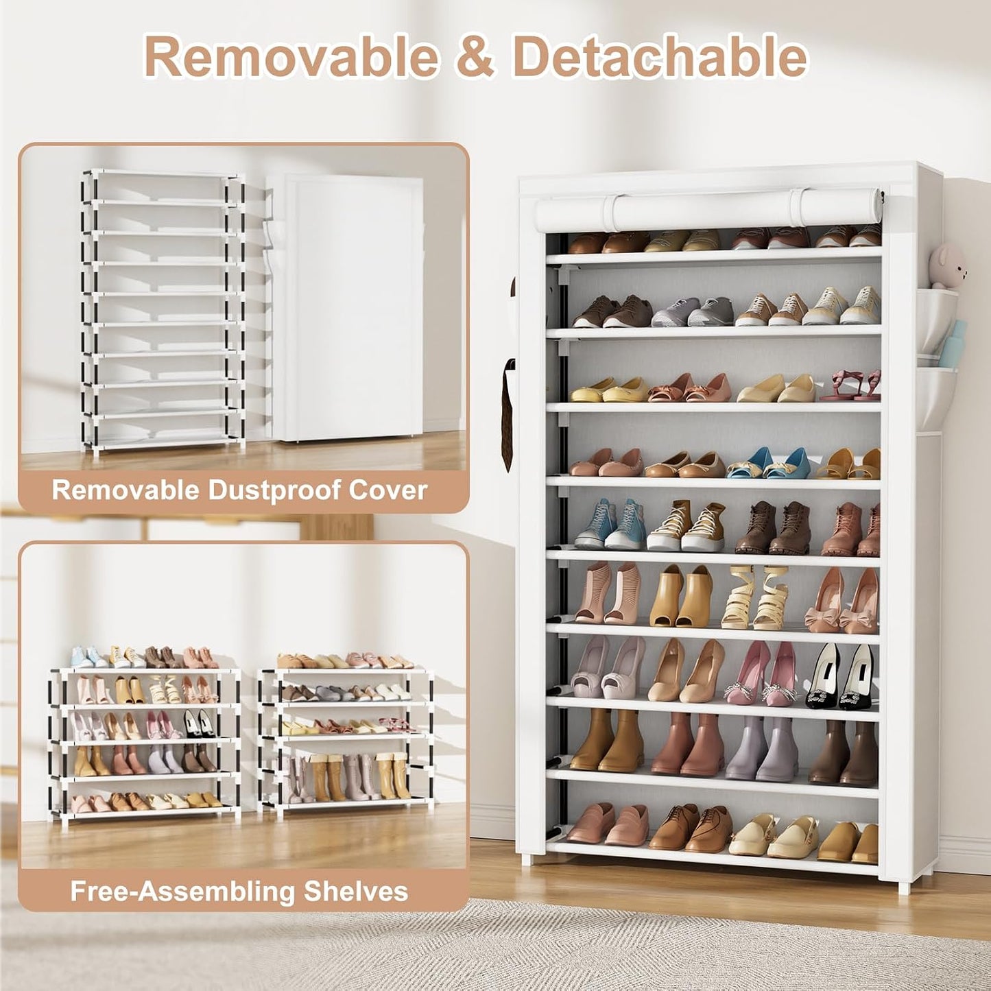 VILICK Shoe Rack with Cover Narrow Shoe Organizer with 4 Side Pockets 10 Tier Tall Shoe Storage Holds 18-22 Pairs Shoes and Boots Shoe Rack for Closet Entryway Garage