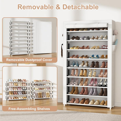 VILICK Shoe Rack with Cover Narrow Shoe Organizer with 4 Side Pockets 10 Tier Tall Shoe Storage Holds 18-22 Pairs Shoes and Boots Shoe Rack for Closet Entryway Garage