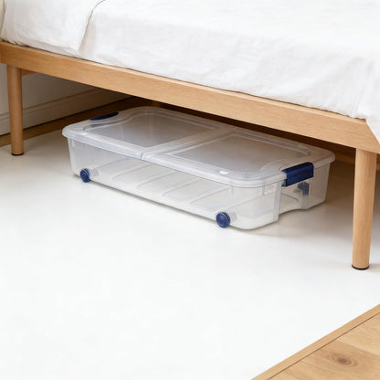 66 Quart Wheeled Latch Box, Clear Underbed Storage Bin with Lid, Blue
