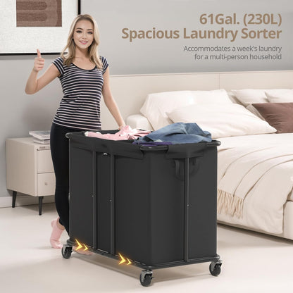 Hodonas Laundry Hamper with Wheels, 2-Section 230L (61Gal) Large Capacity, Heavy-Duty Rolling Clothes Basket with Silent Rubber Casters & Detachable Oxford Bags for Home, Black, 31.5"Lx15.75W"x30.7"H