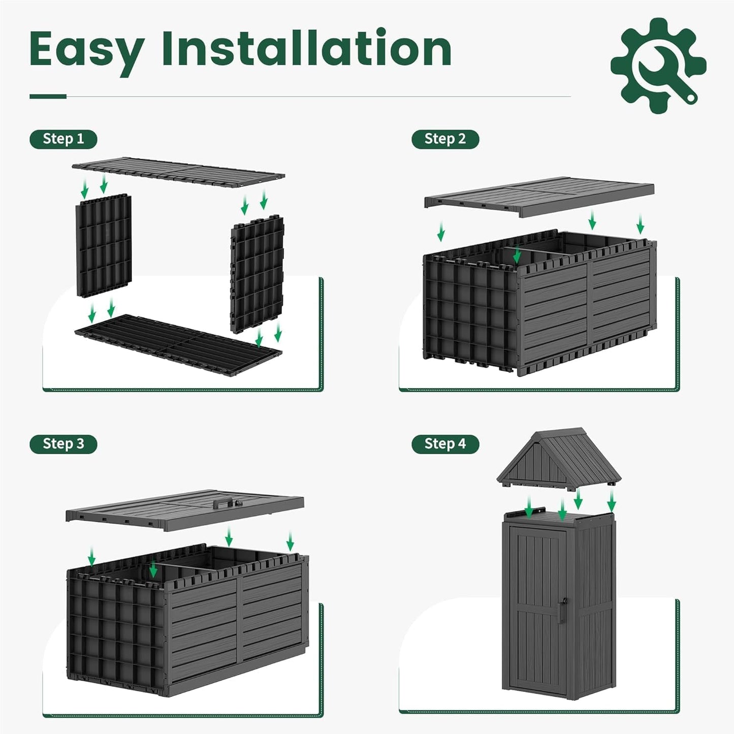 Bifanuo Deck Box Storage Shed Outdoor Storage Cabinet, Vertical Waterproof Resin Material Plastic Shed with Removable Shelves, 12 Hooks and Lock Ring for Garden, Pool and Patio (Classic Black)