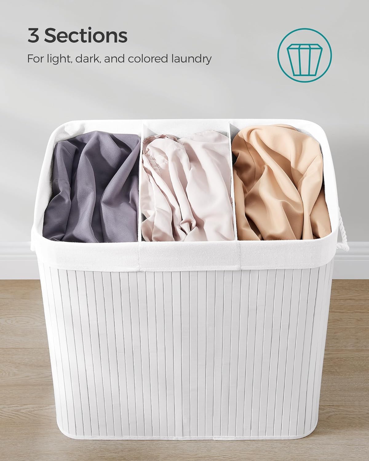 SONGMICS Laundry Hamper, 39.6 Gallons (150L), 3-Section Laundry Basket, Laundry Hamper with Lid, Bamboo, Foldable, Removable and Machine Washable Liner, for Laundry Room, Bedroom, White ULCB091W01