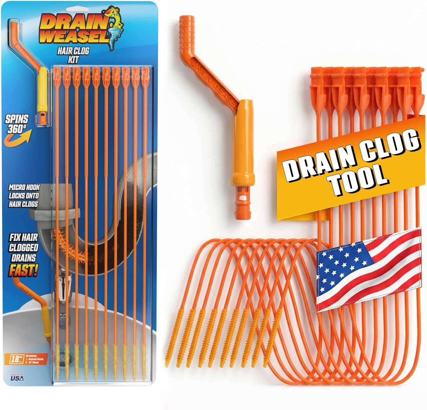 FlexiSnake Drain Weasel Sink Snake Hair Clog Remover Tool Kit, Sink, Pipe, Bathroom, Bathtub Drain Cleaner, 18-inch Long, Flexible, Made in The USA, 3 Pack Wand Refills and Removable Handle