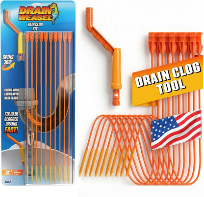 FlexiSnake Drain Weasel Sink Snake Hair Clog Remover Tool Kit, Sink, Pipe, Bathroom, Bathtub Drain Cleaner, 18-inch Long, Flexible, Made in The USA, 3 Pack Wand Refills and Removable Handle