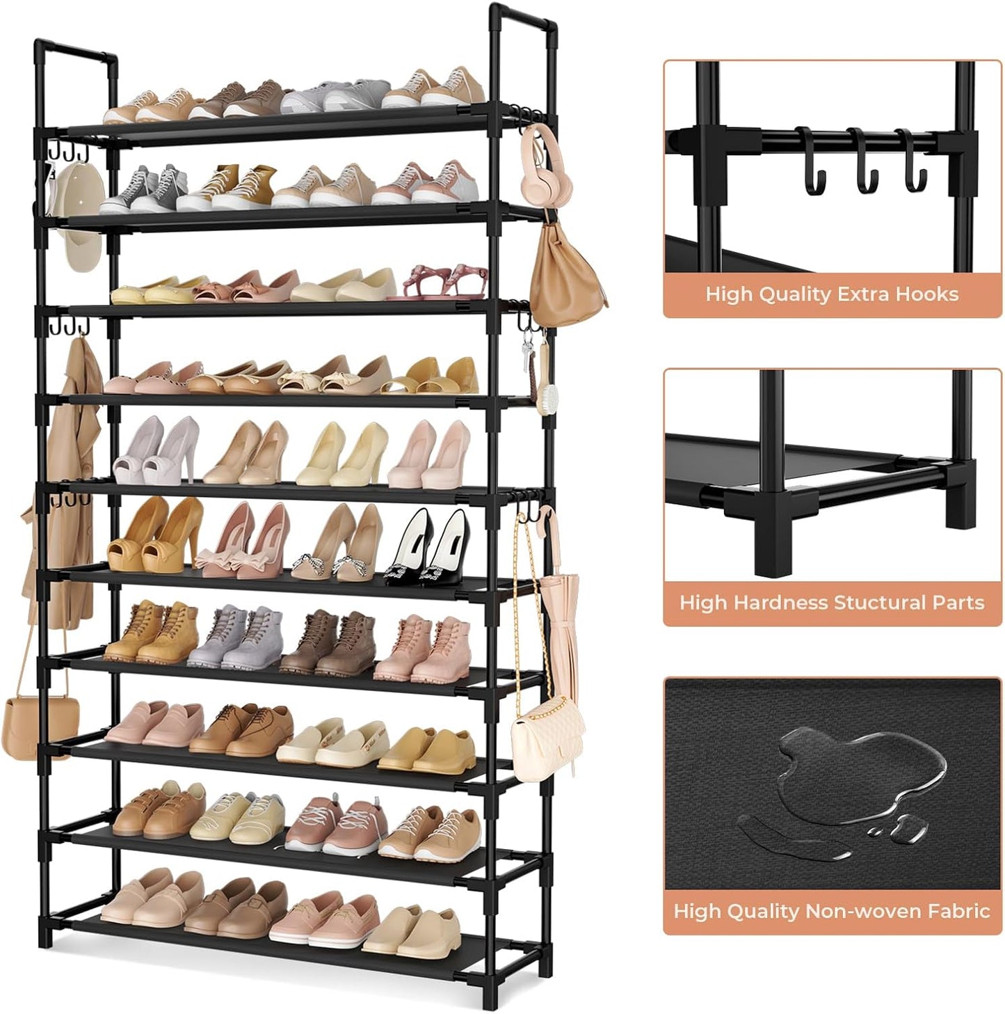LANTEFUL 10 Tiers Tall Shoe Rack 20-25 Pairs Boots Organizer Storage Sturdy Narrow Shoe Shelf for Entryway, Closets with Hooks, Black