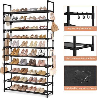 LANTEFUL 10 Tiers Tall Shoe Rack 20-25 Pairs Boots Organizer Storage Sturdy Narrow Shoe Shelf for Entryway, Closets with Hooks, Black