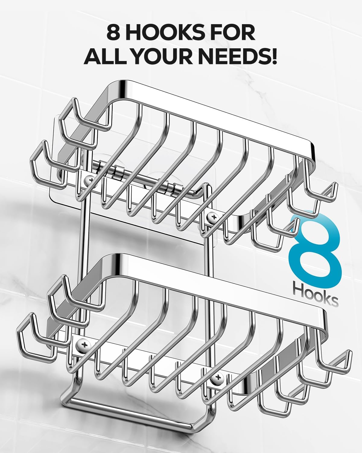 Nieifi Bar Soap Holder, Adhesive Soap Dish for Bathroom Shower Wall | Stainless steel, 2 tier, razor holders, 8 hooks, bathtub, kitchen sink, wall mounted, no drilling, counter, black