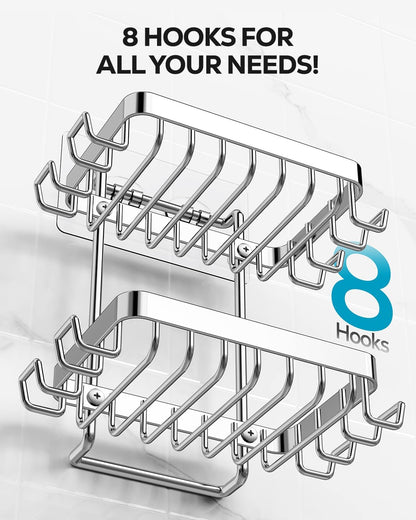 Nieifi Bar Soap Holder, Adhesive Soap Dish for Bathroom Shower Wall | Stainless steel, 2 tier, razor holders, 8 hooks, bathtub, kitchen sink, wall mounted, no drilling, counter, black