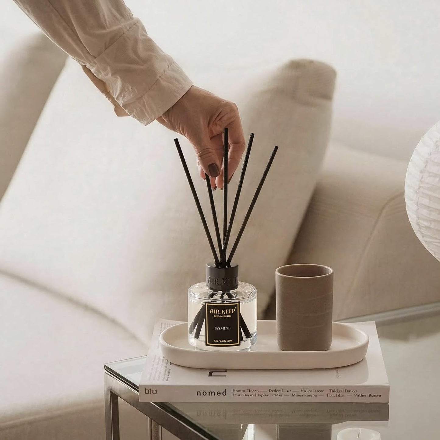 Airkeep Reed Diffuser Set of 3 for Bathroom Air Fresheners, Oil Diffuser Sticks | Cedar Wood,White Pine Moroccan Amber Scent Diffuser(1.7 fl oz*3) Fragrance with 18 Sticks Defusers | Shelf Decor