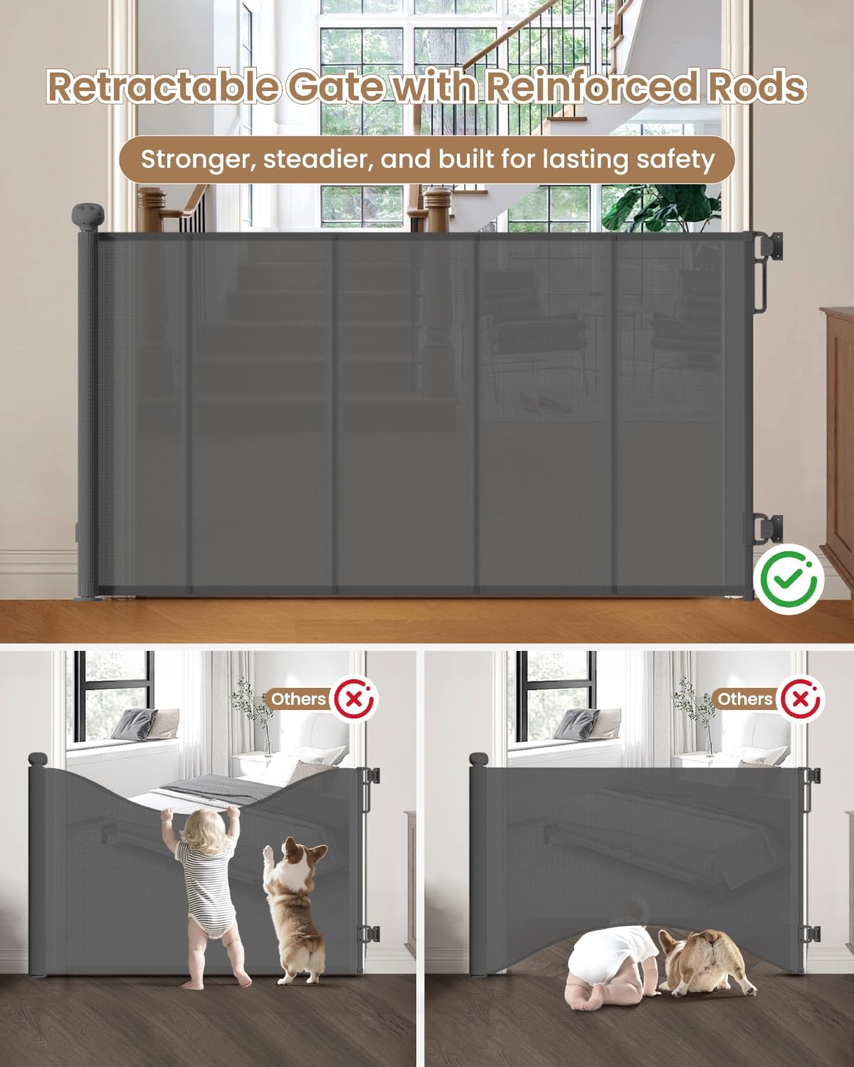 Retractable Baby Gate, 55" Wide Reinforced Mesh Baby Gate with 4 Fiberglass Support Rods for a Tighter Fit, 34" Tall Retractable Dog Gate for Stairways, Hallways and Doorways, Black