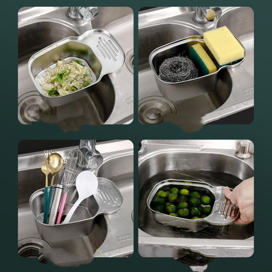 Stainless Steel Sink Drain Strainer Basket, Corner Hanging Sink Strainer Colander Drain Basket, Kitchen Sink Food Waste Filter and Vegetables Fruits Clean (Silver-Hanging Faucet)