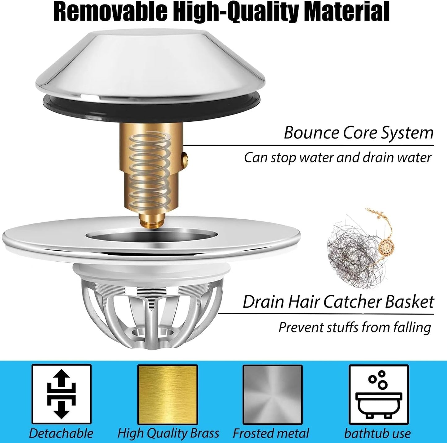 Anlige Bathroom Sink Drain Strainer, 2PCS 3 in 1 Pop Up Bathroom Sink Stopper with Removable Brass Basket Hair Catcher, Universal Sink Plug for 1.06 to 1.6in Drain Hole, Chrome Silver