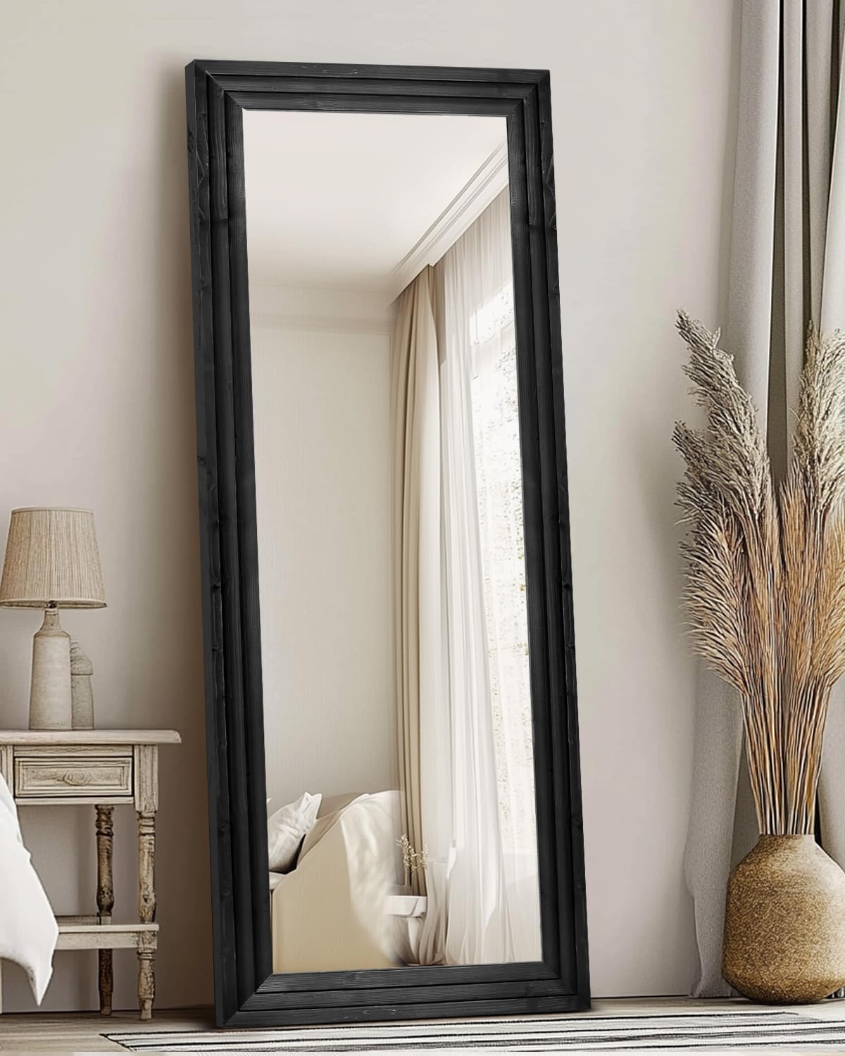 Full Length Mirror 65"x22" with Stand Solid Wood Frame Floor Large Mirror for Living Room, Bedroom Hanging Standing or Leaning Wall-Mounted, New Black