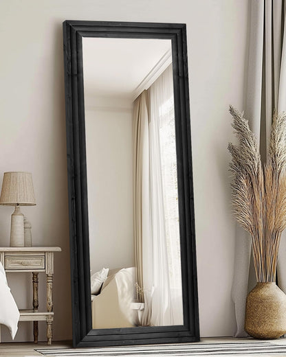 Full Length Mirror 65"x22" with Stand Solid Wood Frame Floor Large Mirror for Living Room, Bedroom Hanging Standing or Leaning Wall-Mounted, New Black
