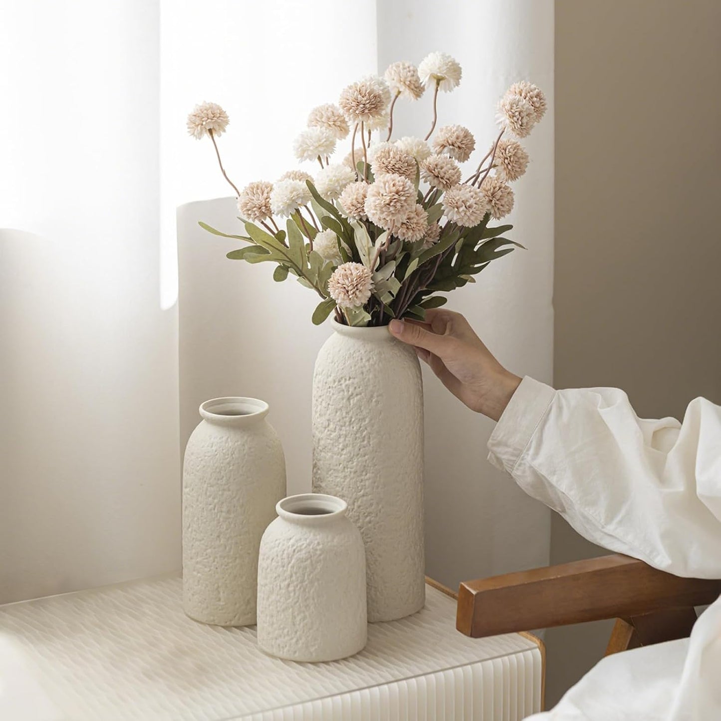 Ceramic Vase Set-3, Small Flower Vases for Decor, Modern Boho Farmhouse Style, Decorative Vases for Pampas Grass & Dried Flowers, Distressed Finish (Beige)