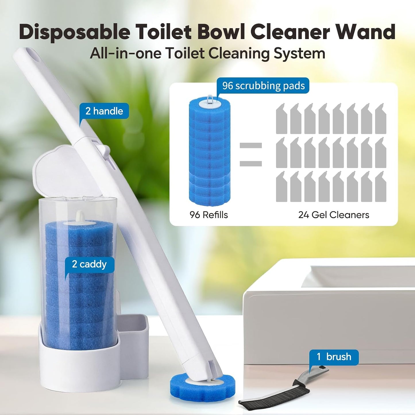 2 Pack Disposable Toilet Brush and Holder Set, Wall Mounted Toilte Wand Kit, Disposable Bowl Ceaner Wand and Caddy with 96 Refills for Closestool Cleaning