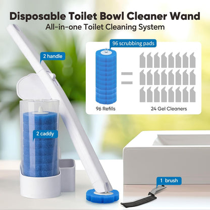 2 Pack Disposable Toilet Brush and Holder Set, Wall Mounted Toilte Wand Kit, Disposable Bowl Ceaner Wand and Caddy with 96 Refills for Closestool Cleaning