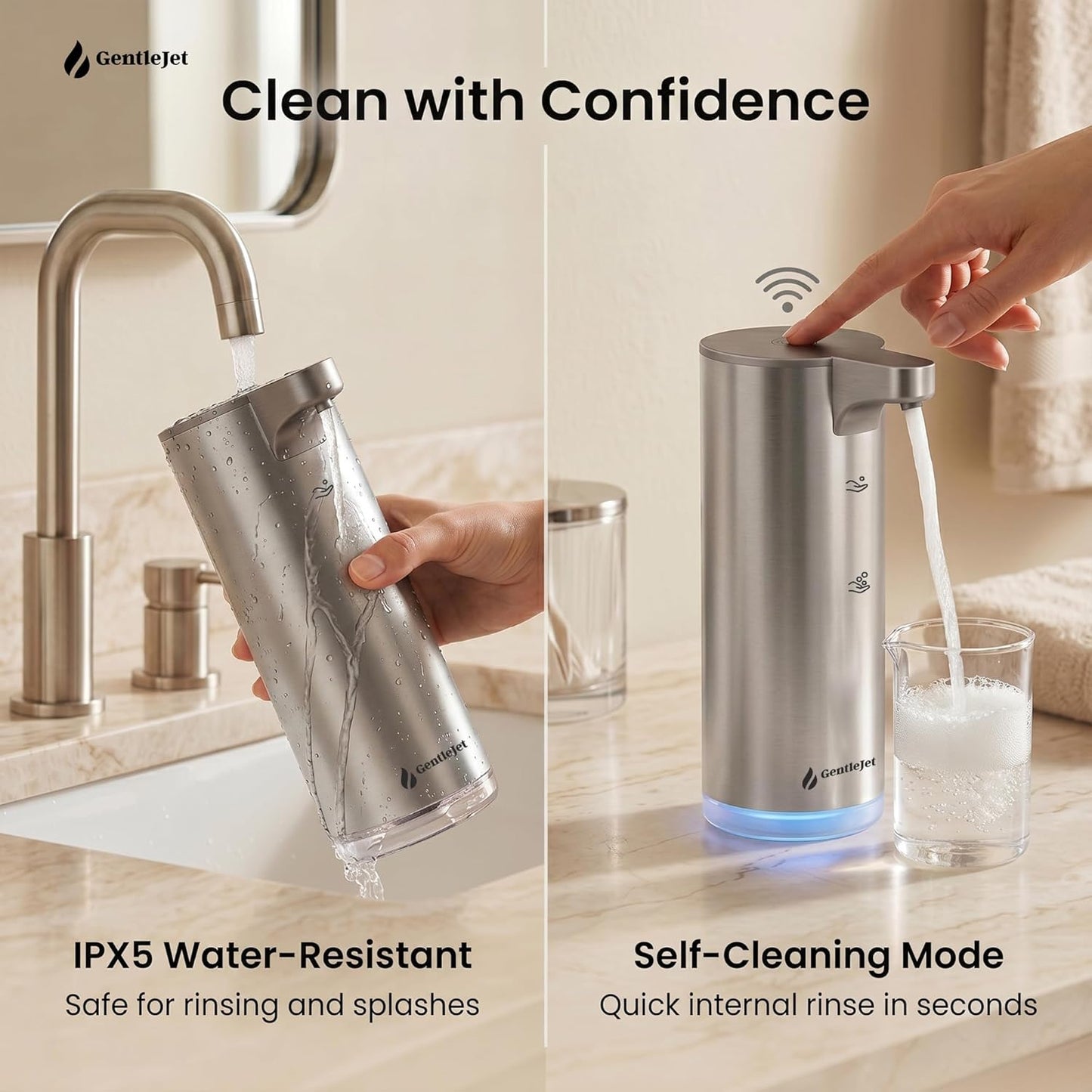GentleJet EasyFoam Automatic Foaming Soap Dispenser Touchless Sensor, USB-C Rechargeable, 304 Stainless Steel, IPX5 Waterproof for Bathroom Kitchen Sink, 280 ml
