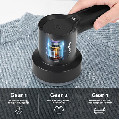 SuperLint 2-in-1 Rechargeable Fabric Shaver LED 3-Speed Lint Remover Black | Electrostatic Brush,2000mAh Battery,USB C Rechargeable,2-3H Long Runtime,auto-stop safety,6-Leaf Blade,2 replacement blades