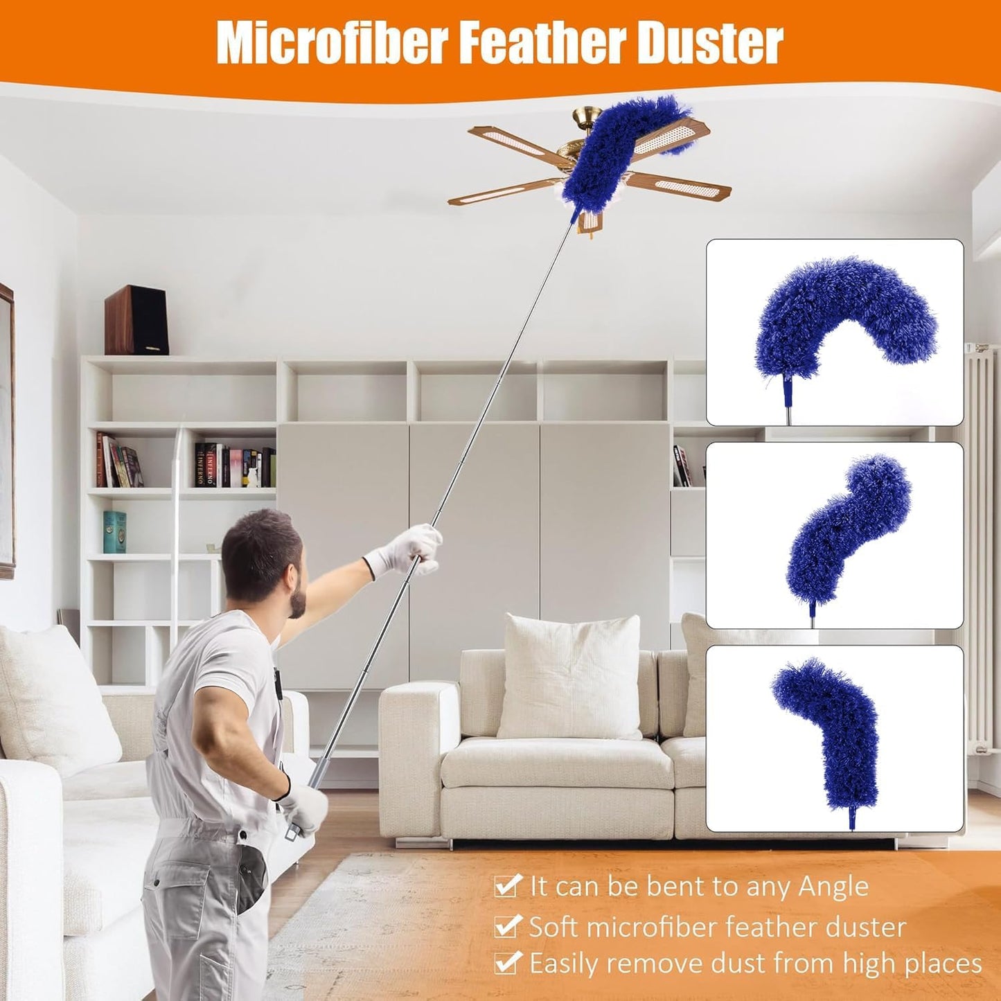 4 Pcs Microfiber Cobweb Duster with 100-inch Extendable Pole, Washable and Reusable Feather Cleaning Duster Kit with 3 Duster Heads,Dusters for Cleaning with Telescopic Pole for High Ceiling Fan