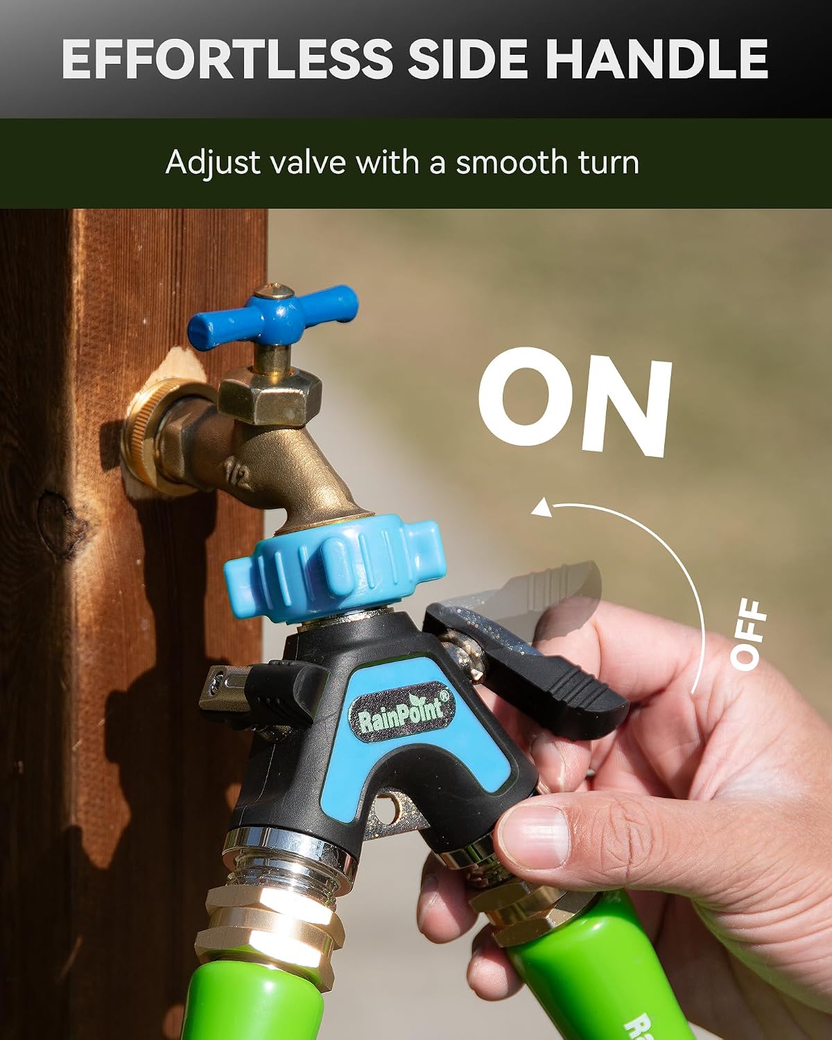 RAINPOINT Garden Hose Splitter 2 Way, All Metal Heavy Duty Water Hose Y Splitter With 2.05" Extra Long Side Handle & Shut Off Valves, 3/4 Inch GHT Thread Connector For Outdoor Spigot Faucet (Green)