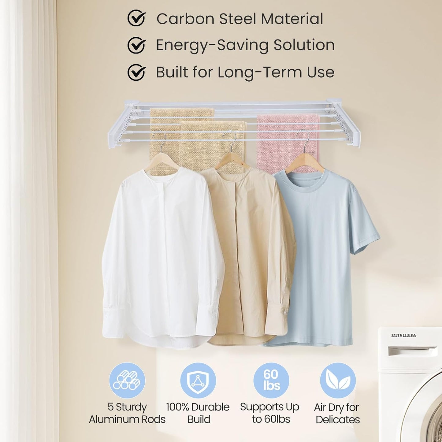 Wall Mounted Clothes Drying Rack 27.56", Foldable Retractable Garment Hanger with Towel Pole, Heavy Duty Space Saving Laundry Drying Rack for Balcony, Laundry Room, Bedroom, Bathroom (no towel pole)