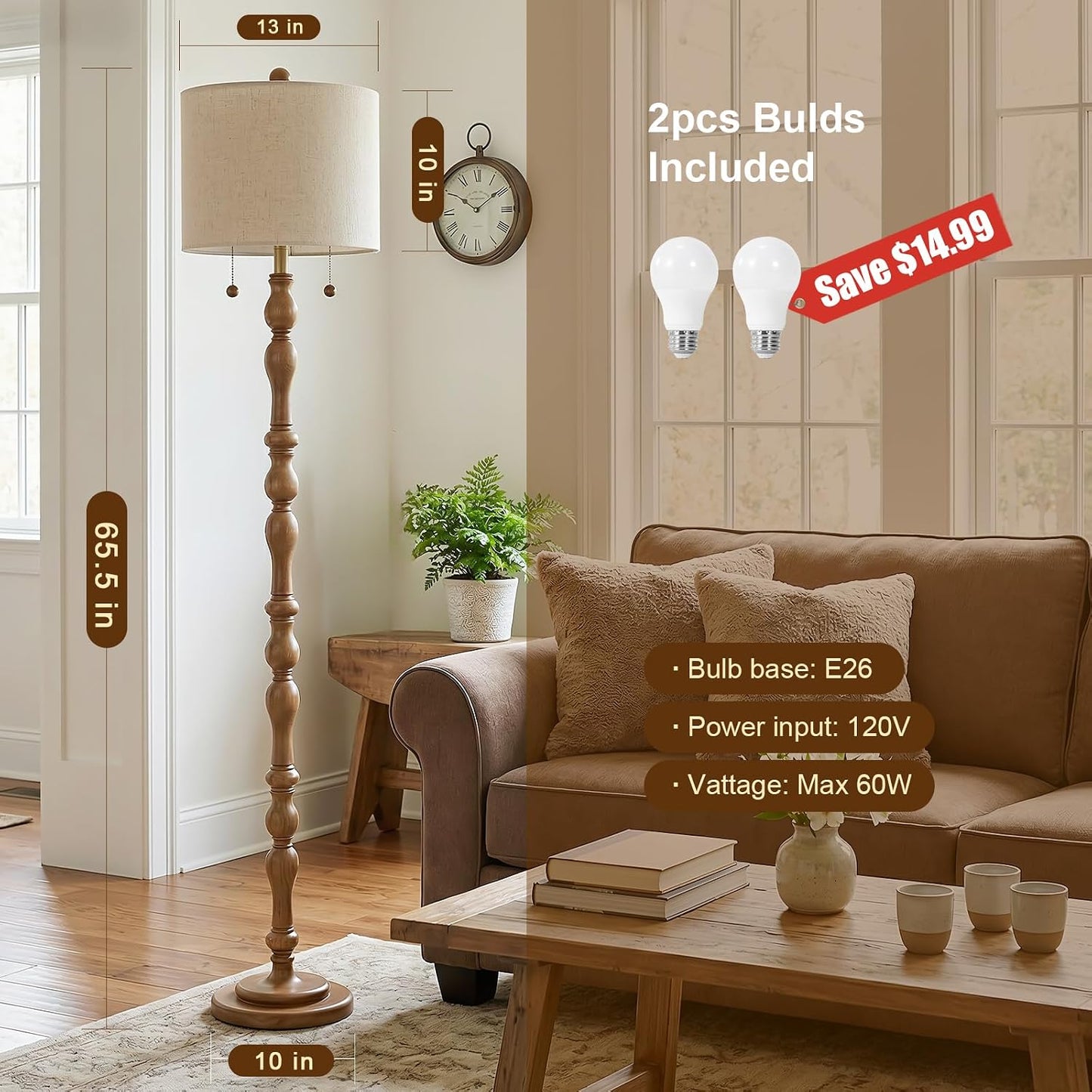 Scenekoy 65.5” Natural Real Wood Floor Lamp for Living Room Bedroom, Dual S Cluster Socket, Pull Chains Switch, Farmhouse Tall Standing Lamp with Linen Shade for Home Room Decor (Bulbs Included)