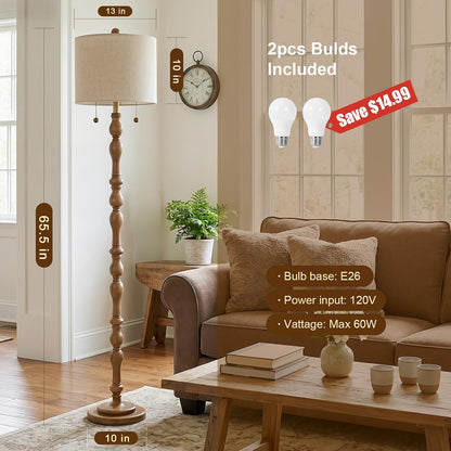 Scenekoy 65.5” Natural Real Wood Floor Lamp for Living Room Bedroom, Dual S Cluster Socket, Pull Chains Switch, Farmhouse Tall Standing Lamp with Linen Shade for Home Room Decor (Bulbs Included)