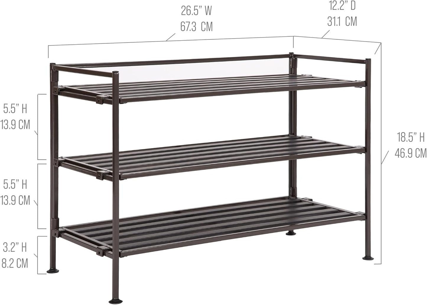 Seville Classics Sturdy Freestanding Storage Shelf for Bedroom, Closet, Entryway, Dorm Room Organizer Stackable Durable Metal Shoe Rack Ash Gray Slat, 3-Tier