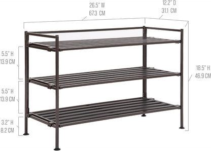 Seville Classics Sturdy Freestanding Storage Shelf for Bedroom, Closet, Entryway, Dorm Room Organizer Stackable Durable Metal Shoe Rack Ash Gray Slat, 3-Tier